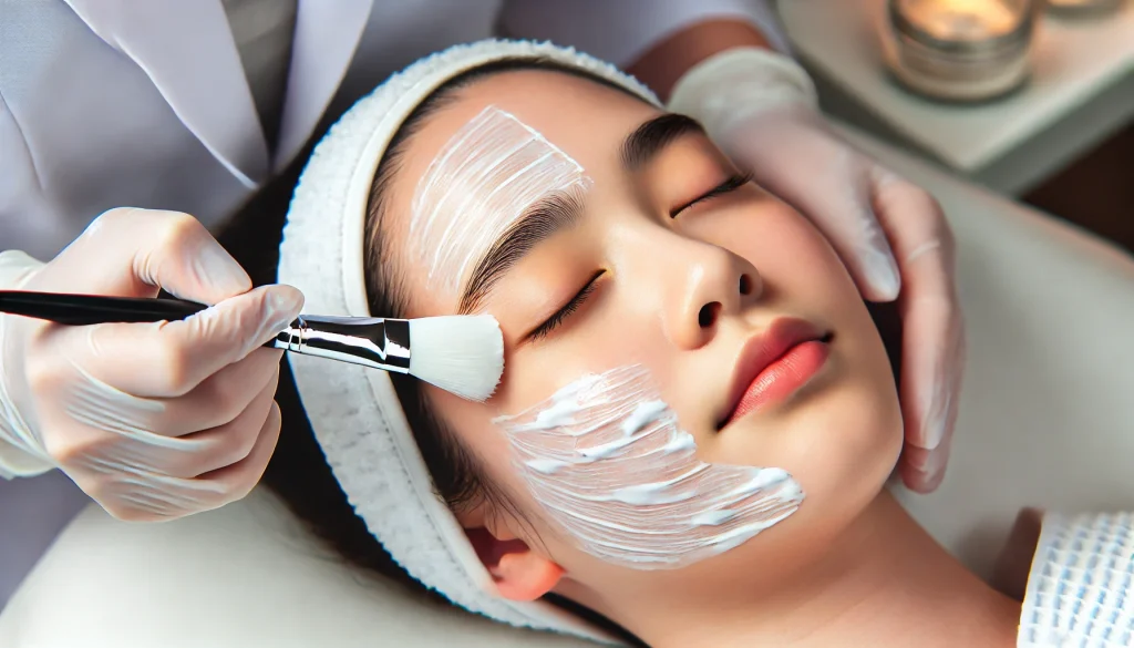 take a photo of how a beautician applies peeling to a patient's face