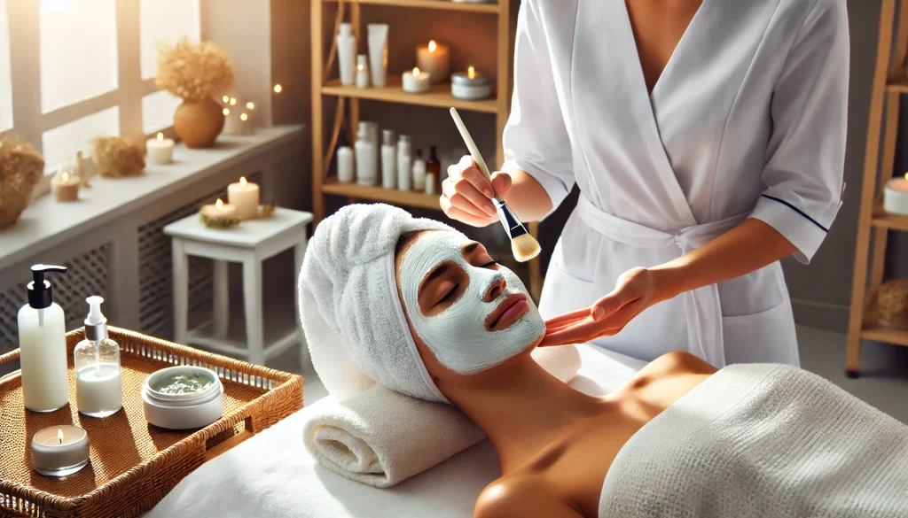 take a photo of her beautician applying a mask to a client